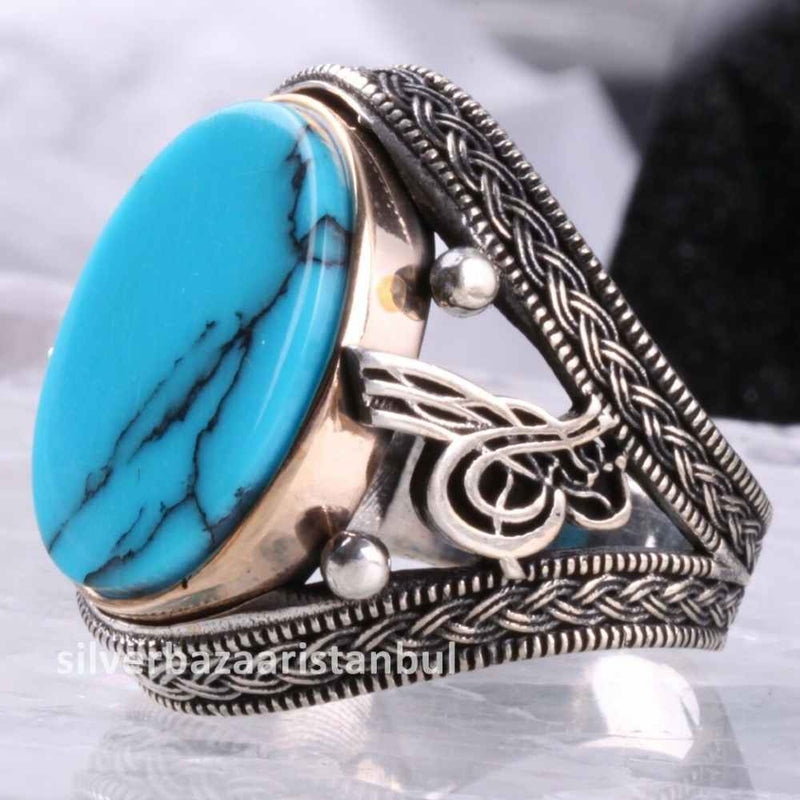 925 Sterling Silver Ottoman Tughra Turquoise Stone Mens Ring silverbazaaristanbul 