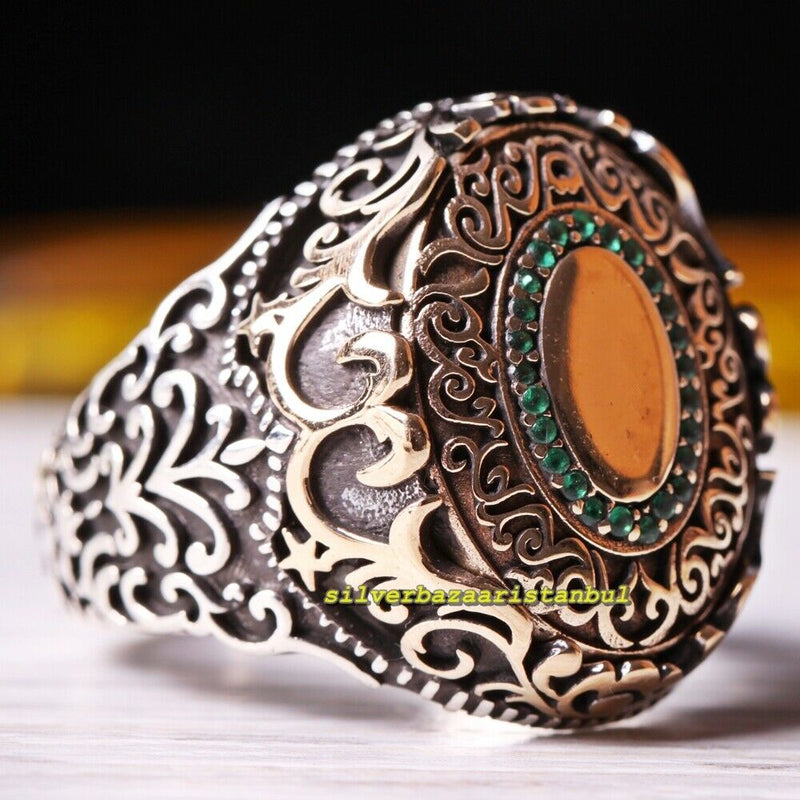 925 Sterling Silver Oval Green Multi Emerald Stone Mens Ring silverbazaaristanbul 