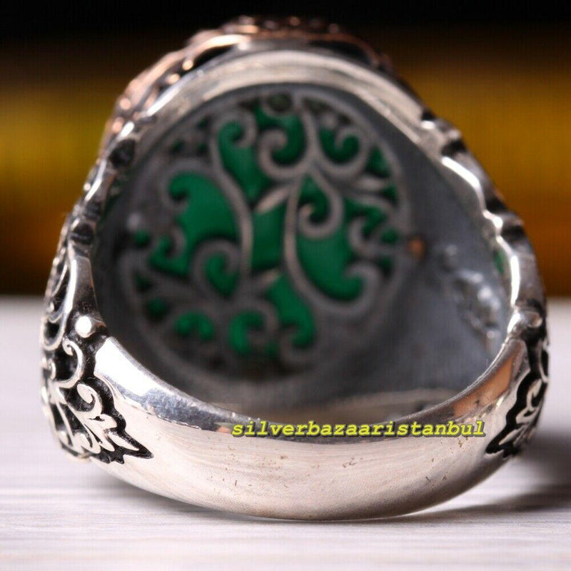 925 Sterling Silver Popular Green Agate Aqeeq Stone Mens Ring silverbazaaristanbul 