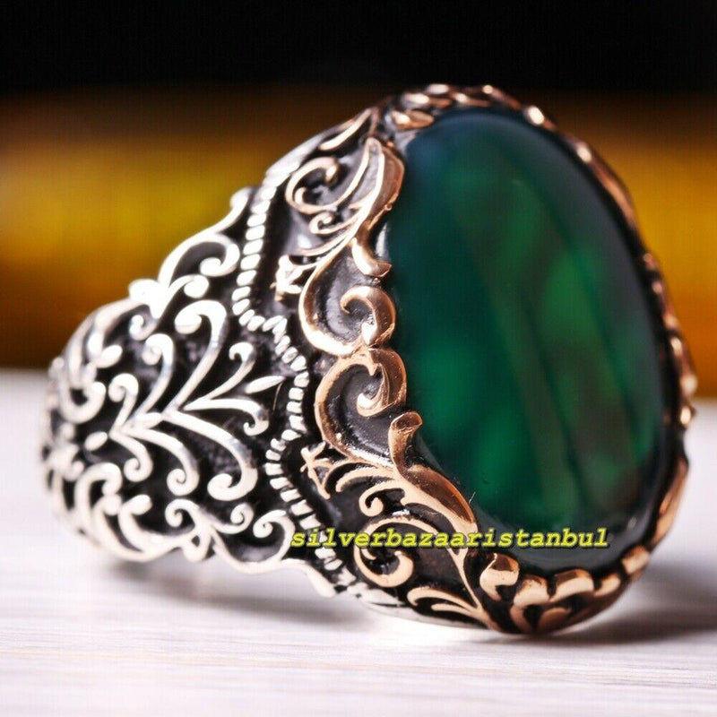 925 Sterling Silver Popular Green Agate Aqeeq Stone Mens Ring silverbazaaristanbul 