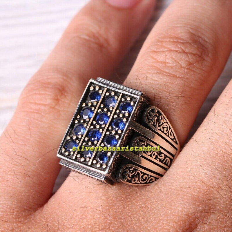 925 Sterling Silver Rectangle Shape Blue Sapphire Stone Mens Ring silverbazaaristanbul 