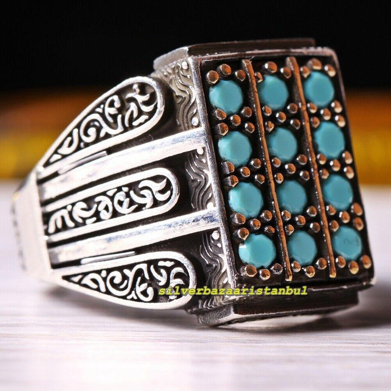 925 Sterling Silver Rectangle Shape Turquoise Stone Mens Ring silverbazaaristanbul 