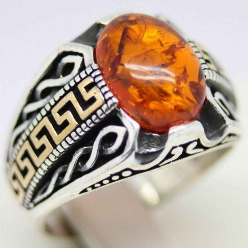 925 Sterling Silver Round Orange Amber Stone Mens Ring silverbazaaristanbul 