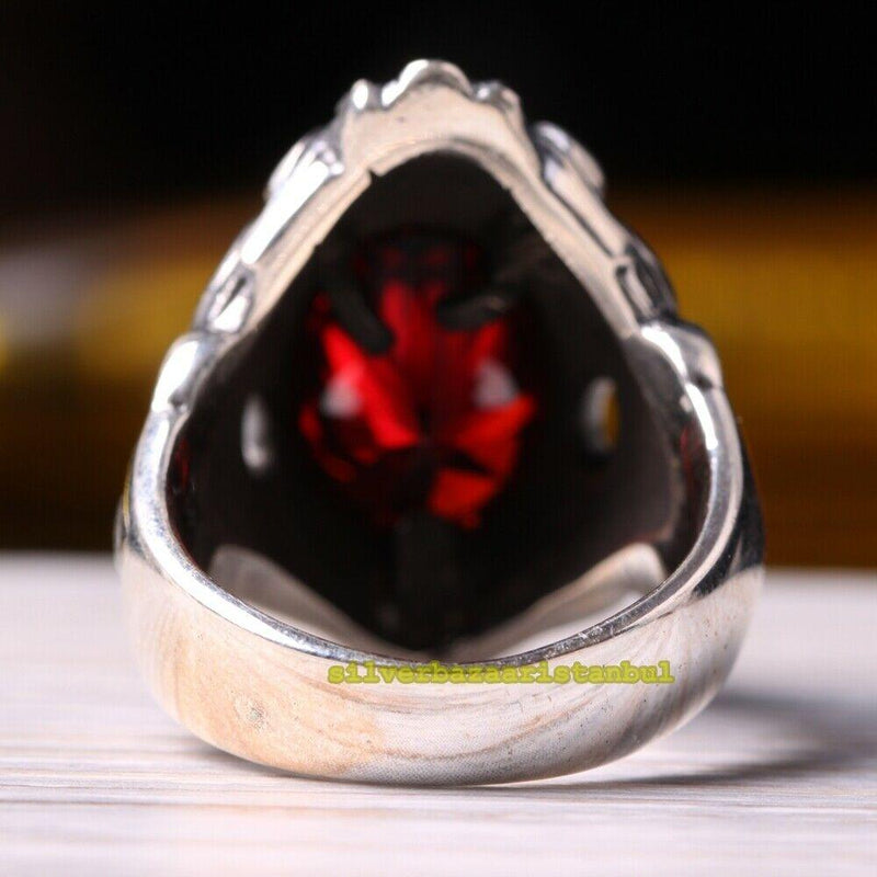 925 Sterling Silver Ruby Stone Angry King Lion Mens Ring silverbazaaristanbul 