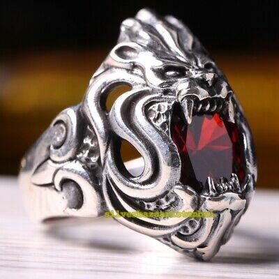 925 Sterling Silver Ruby Stone Angry King Lion Mens Ring silverbazaaristanbul 