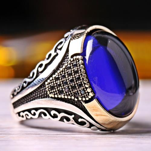 925 Sterling Silver Sapphire and Onyx Stone Luxury Mens Ring silverbazaaristanbul 