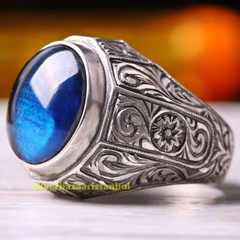 925 Sterling Silver Sapphire Stone Handcrafted Mens Ring silverbazaaristanbul 