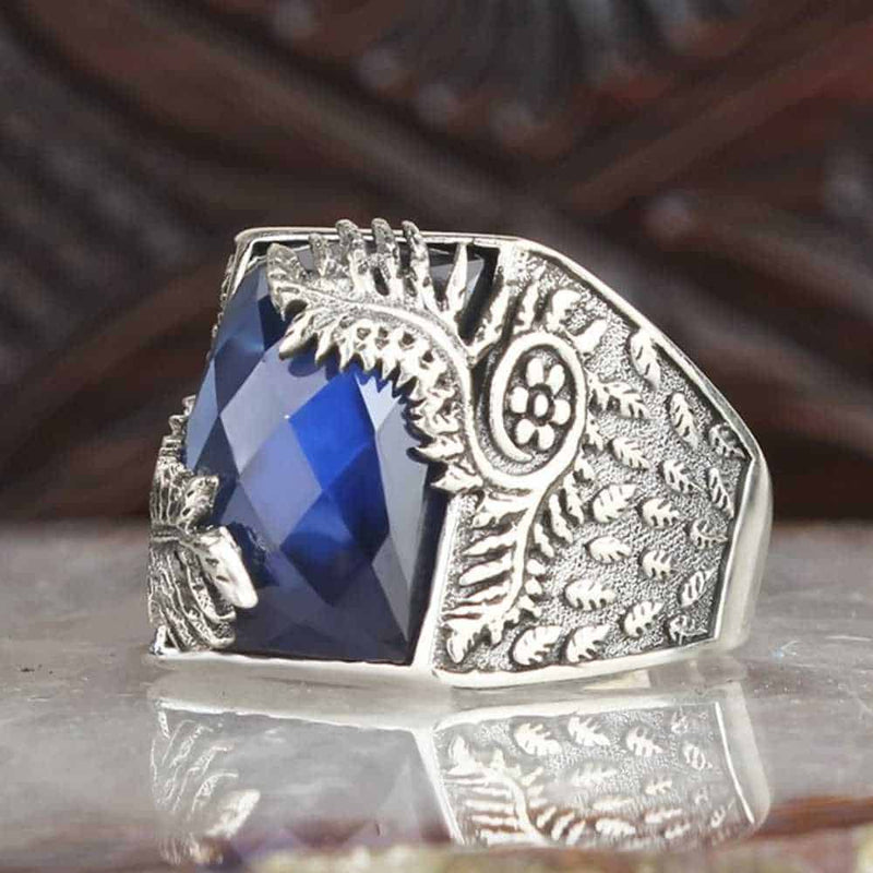 925 Sterling Silver Sapphire Stone Leaf Mens Ring silverbazaaristanbul 