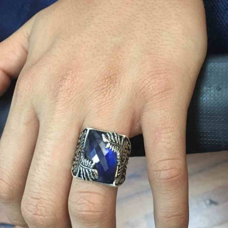 925 Sterling Silver Sapphire Stone Leaf Mens Ring silverbazaaristanbul 