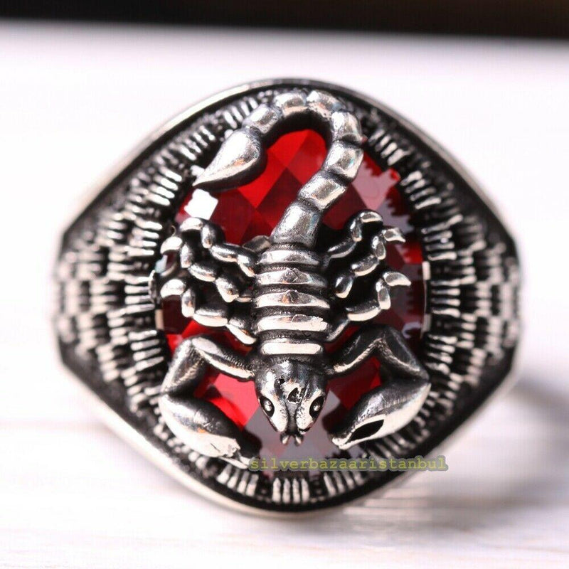 925 Sterling Silver Scorpion Design Red Ruby Stone Mens Ring silverbazaaristanbul 