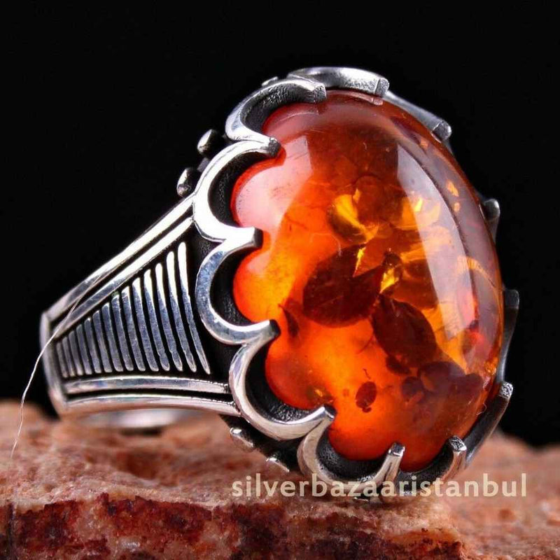 925 Sterling Silver Solid Orange Amber Stone Mens Ring silverbazaaristanbul 