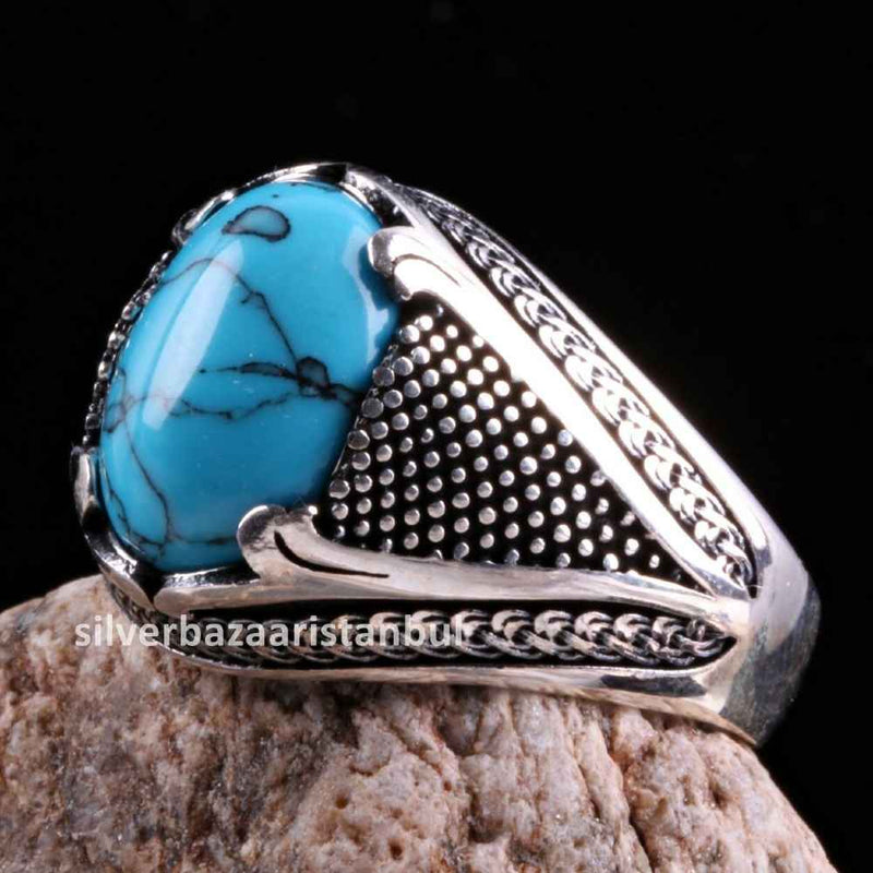 925 Sterling Silver Solid Turquoise Blue Stone Mens Ring silverbazaaristanbul 