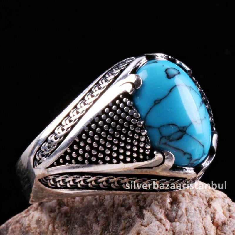 925 Sterling Silver Solid Turquoise Blue Stone Mens Ring silverbazaaristanbul 
