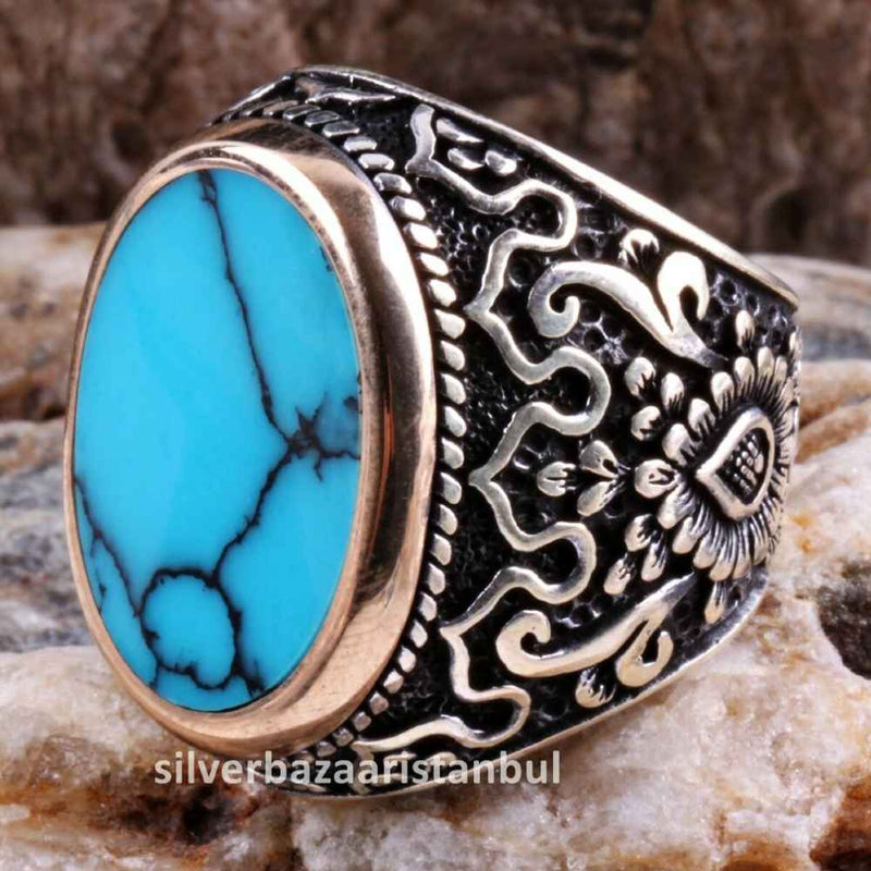 925 Sterling Silver Solid Turquoise Blue Stone Mens Ring silverbazaaristanbul 