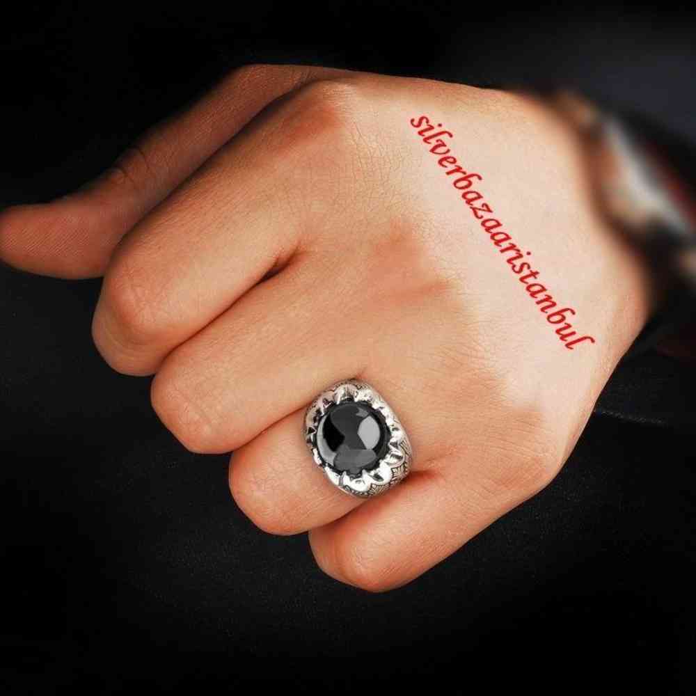Men's 925 Sterling Silver Turkish Style Ring With Onyx Stone - Size 10