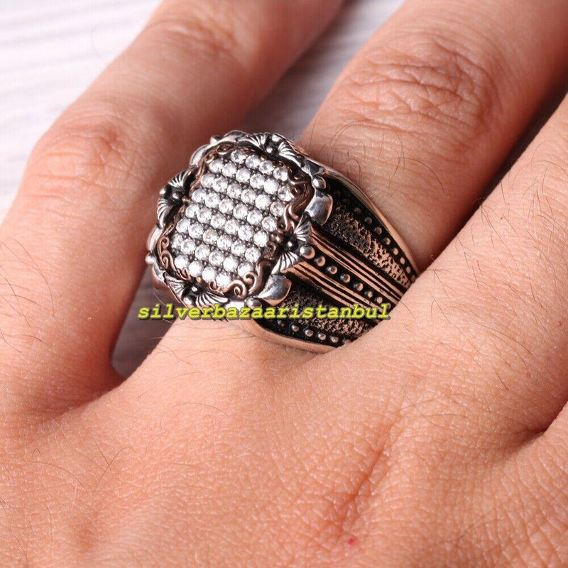 925 Sterling Silver Special White Zircon Stone Mens Ring silverbazaaristanbul 