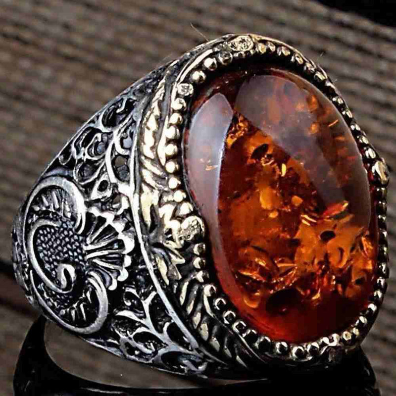 925 Sterling Silver Stylish Amber Stone Mens Ring silverbazaaristanbul 
