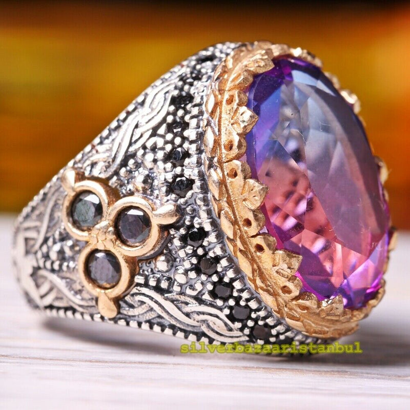 925 Sterling Silver Tourmaline and Black Onyx Stone Mens Ring silverbazaaristanbul 