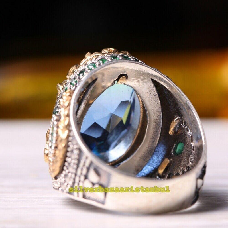 925 Sterling Silver Tourmaline and Emerald Stone Mens Ring silverbazaaristanbul 