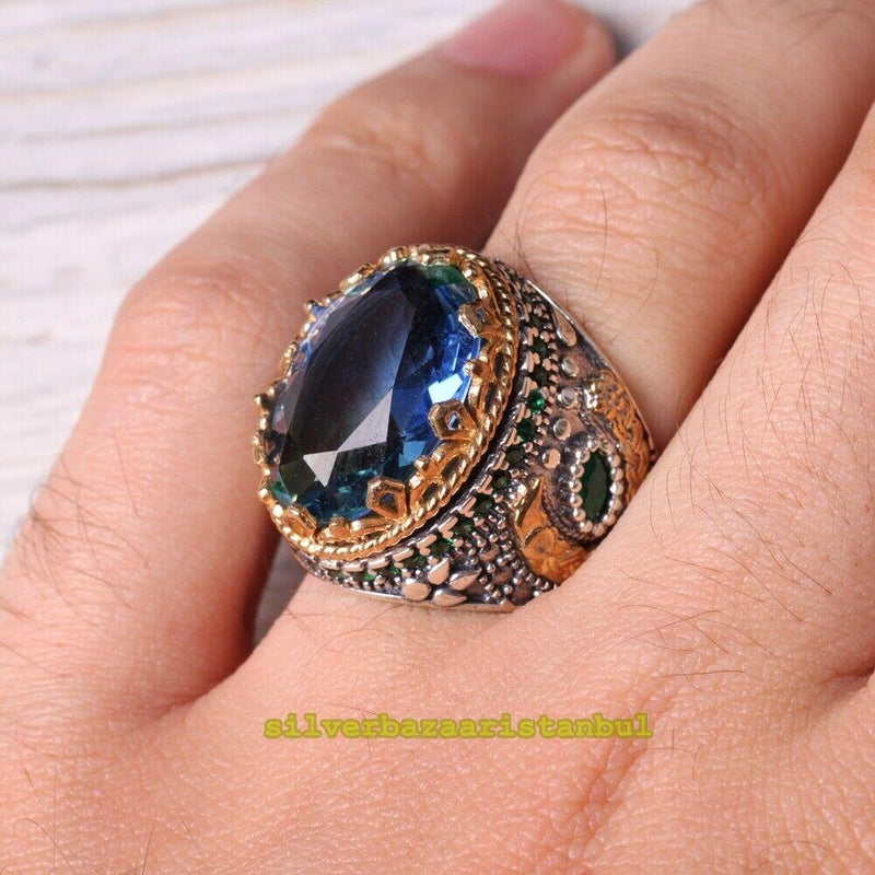 925 Sterling Silver Tourmaline and Emerald Stone Mens Ring silverbazaaristanbul 