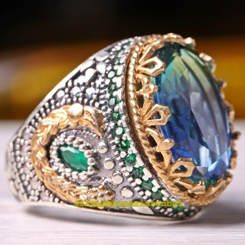 925 Sterling Silver Tourmaline and Emerald Stone Mens Ring silverbazaaristanbul 