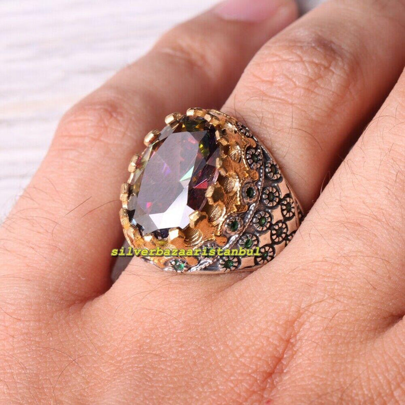 925 Sterling Silver Turkish Tourmaline Rainbow Emerald Mens Ring silverbazaaristanbul 