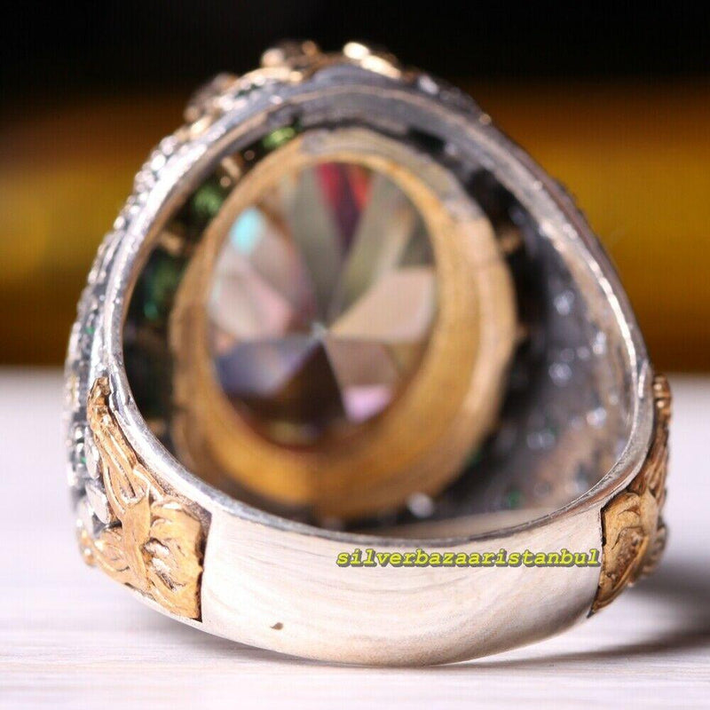 925 Sterling Silver Turkish Tourmaline Rainbow Emerald Mens Ring silverbazaaristanbul 