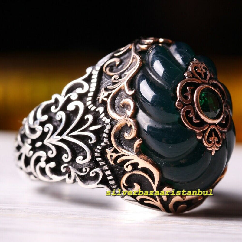 925 Sterling Silver Winding Green Emerald Stone Oval Mens Ring silverbazaaristanbul 