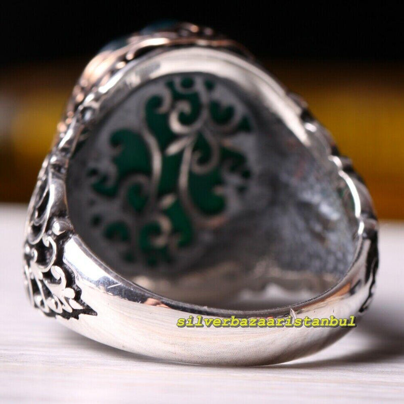 925 Sterling Silver Winding Green Emerald Stone Oval Mens Ring silverbazaaristanbul 