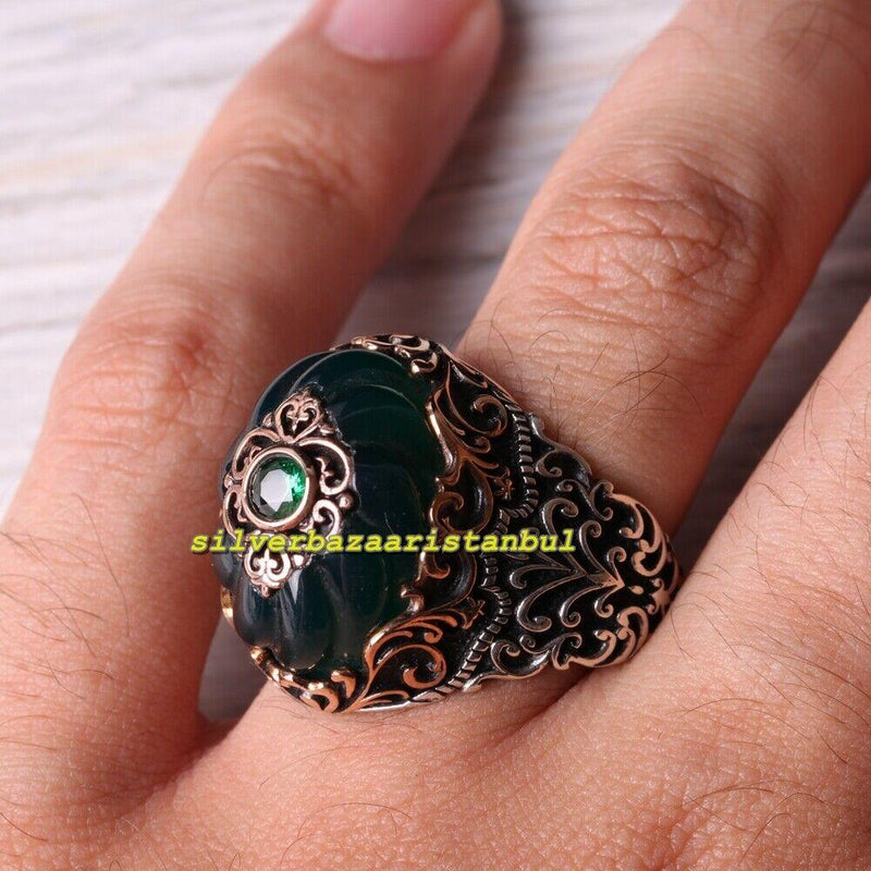 925 Sterling Silver Winding Green Emerald Stone Oval Mens Ring silverbazaaristanbul 