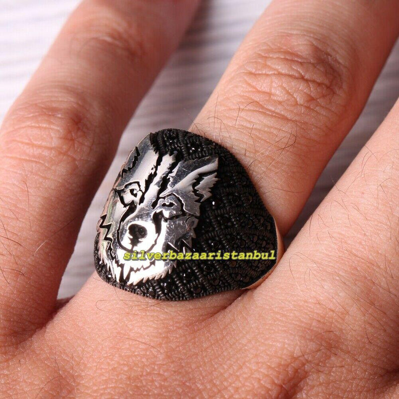 925 Sterling Silver Wolf Design Onyx Stone Mens Ring silverbazaaristanbul 