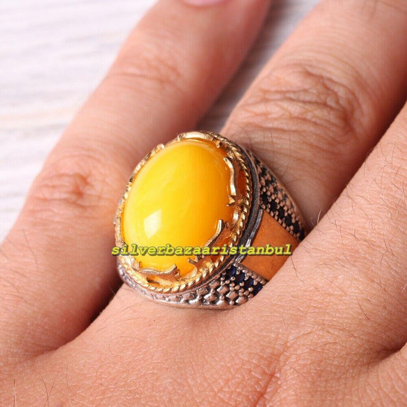 925 Sterling Silver Yellow Agate and Sapphire Stone Mens Ring silverbazaaristanbul 
