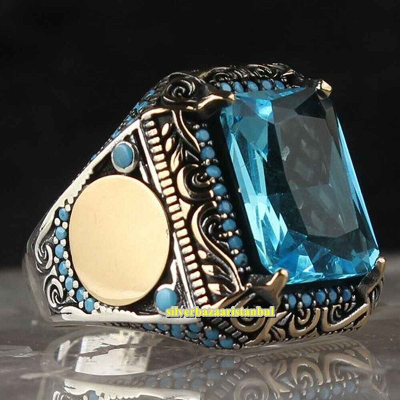 Angular Aquamarine Handmade 925 Sterling Silver Original Mens Ring silverbazaaristanbul 