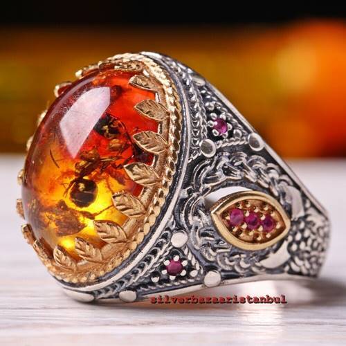 Ant Fossil Amber and Ruby Stone 925 Sterling Silver Mens Ring silverbazaaristanbul 