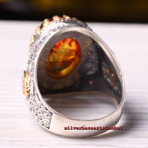 Ant Fossil Amber and Ruby Stone 925 Sterling Silver Mens Ring silverbazaaristanbul 