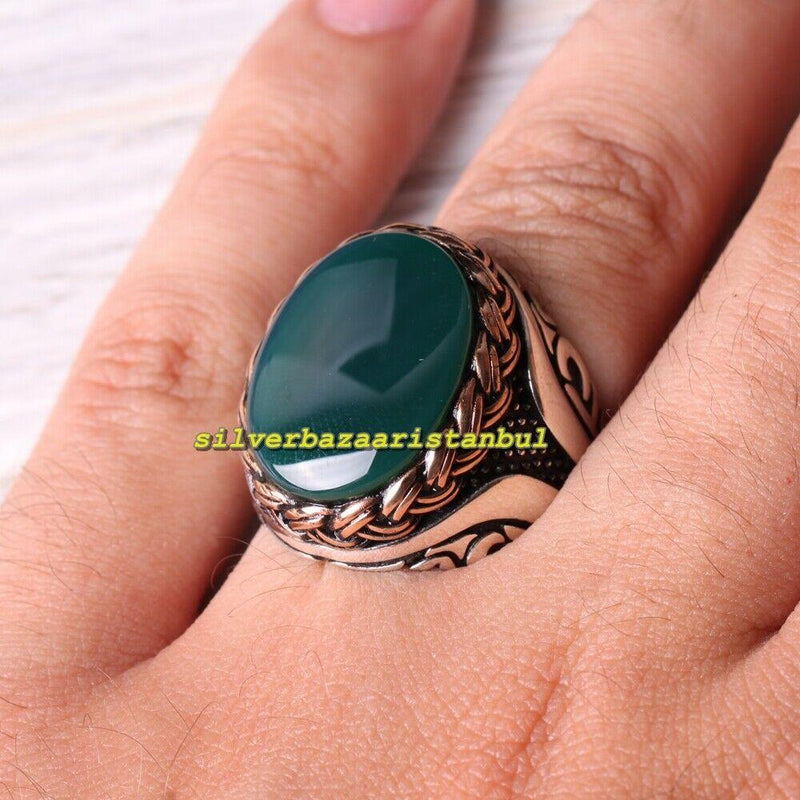 Antique Handmade 925 Sterling Silver Green Agate Aqeeq Stone Mens Ring silverbazaaristanbul 