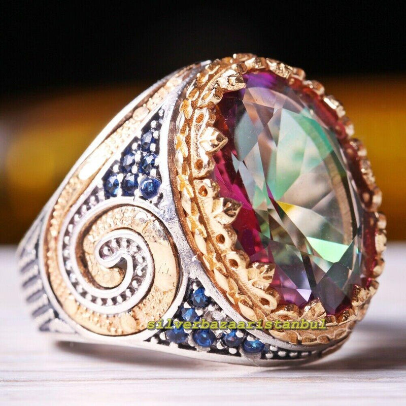 Best Tourmaline and Sapphire Luxury 925 Sterling Silver Mens Ring silverbazaaristanbul 