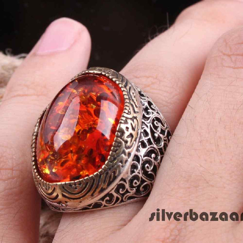 Big and Large 925 Sterling Silver Amber Stone Ring for Men silverbazaaristanbul 
