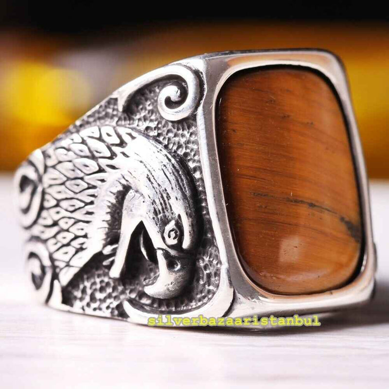 Big Eye Eagle Style Handmade 925 Sterling Silver Tigers Eye Mens Ring silverbazaaristanbul 