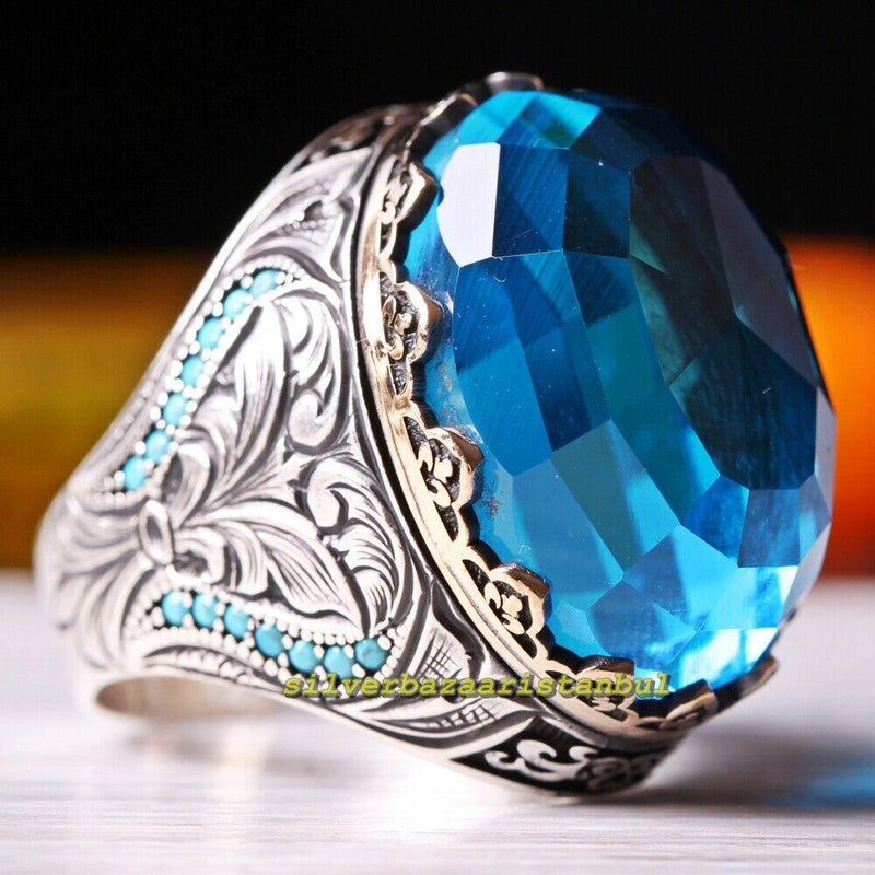 Big Heavy Aquamarine and Turquoise 925 Sterling Silver Mens Ring silverbazaaristanbul 
