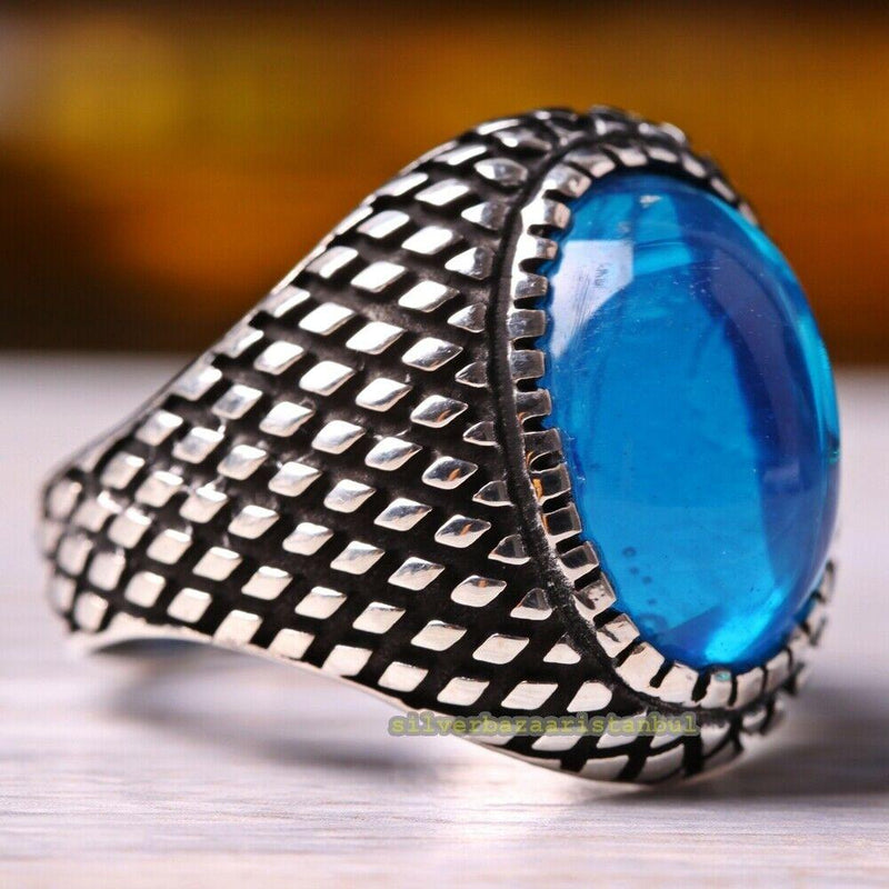 Blue Aquamarine Stone 925 Sterling Silver Mens Ring silverbazaaristanbul 