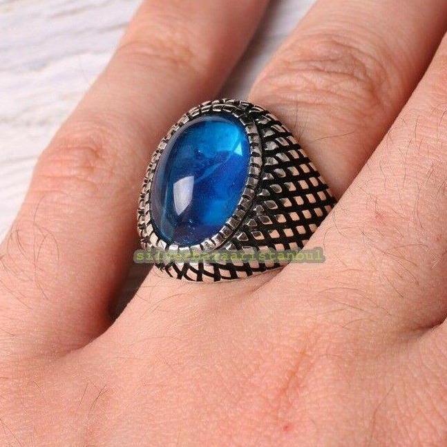 Blue Aquamarine Stone 925 Sterling Silver Mens Ring silverbazaaristanbul 