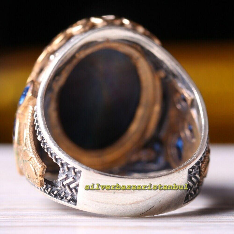 Blue Tigers Eye and Sapphire Stone 925 Sterling Silver Mens Ring silverbazaaristanbul 