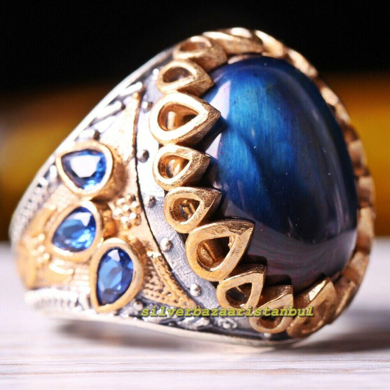Blue Tigers Eye and Sapphire Stone 925 Sterling Silver Mens Ring silverbazaaristanbul 
