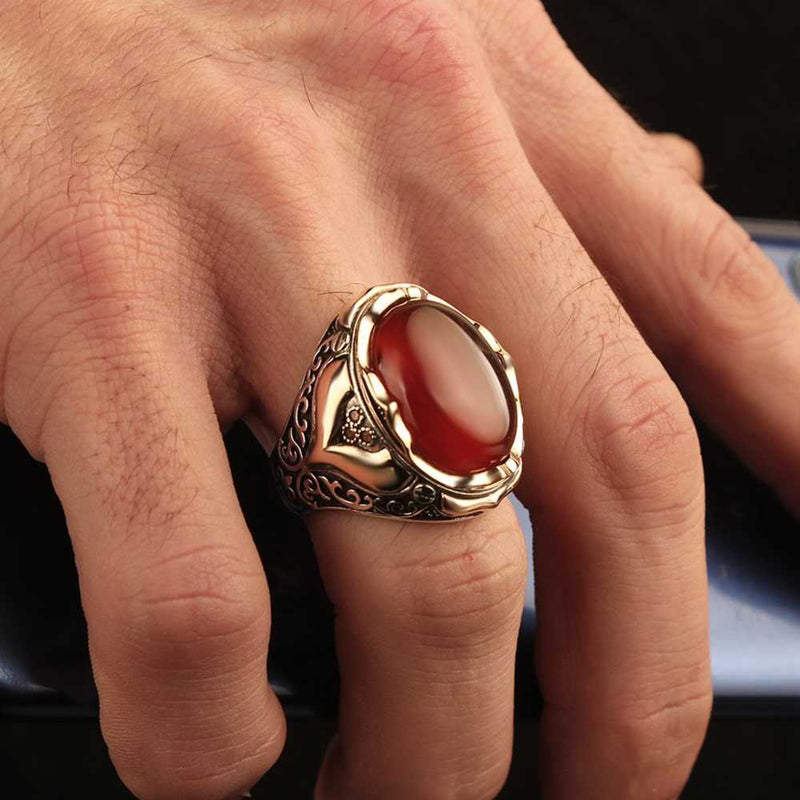 Carnelian Agate Aqeeq 925 Sterling Silver Elegant Mens Ring silverbazaaristanbul 