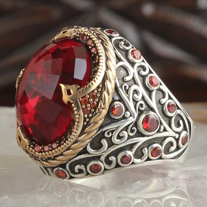 Crystal Cut Red Ruby Stone 925 Sterling Silver Mens Ring silverbazaaristanbul 