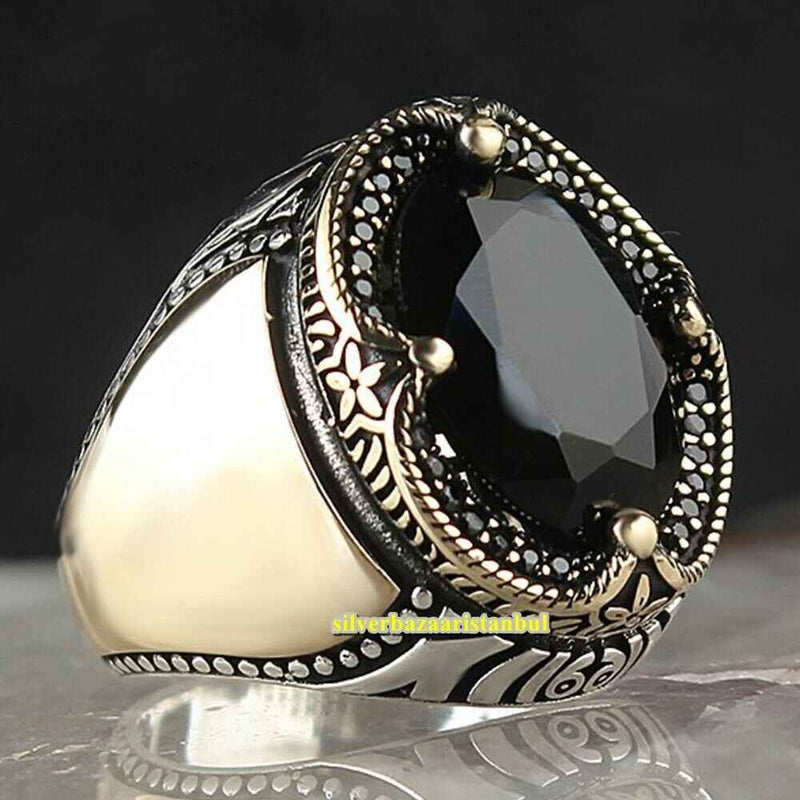 Curved Onyx Handmade 925 Sterling Silver Black Mens Ring silverbazaaristanbul 