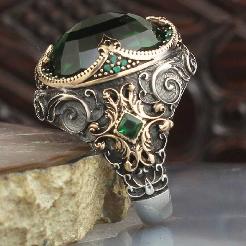 Custom Emerald Stone 925 Sterling Silver Mens Ring silverbazaaristanbul 