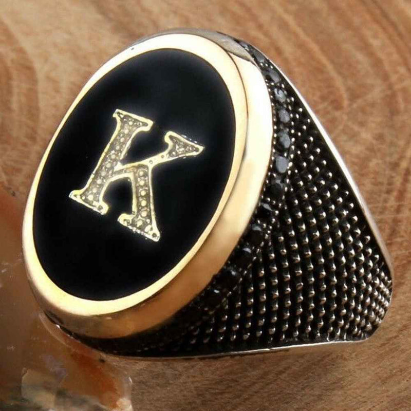 Customizable One Letter 925 Sterling Silver Onyx Stone Mens Ring silverbazaaristanbul 