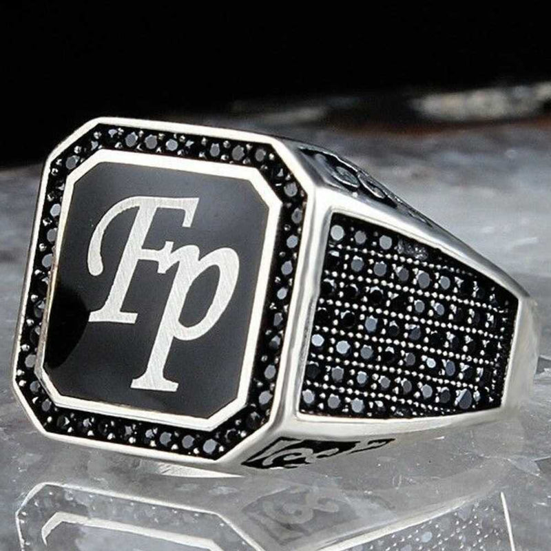 Customizable Two Letter 925 Sterling Silver Onyx Stone Mens Ring silverbazaaristanbul 